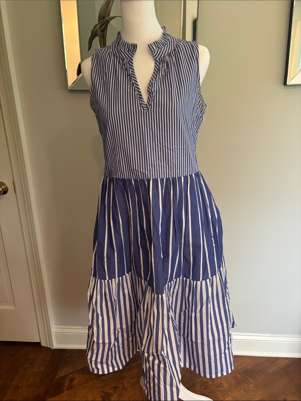 J. Crew Blue and White Striped Sleeveless Midi Dress